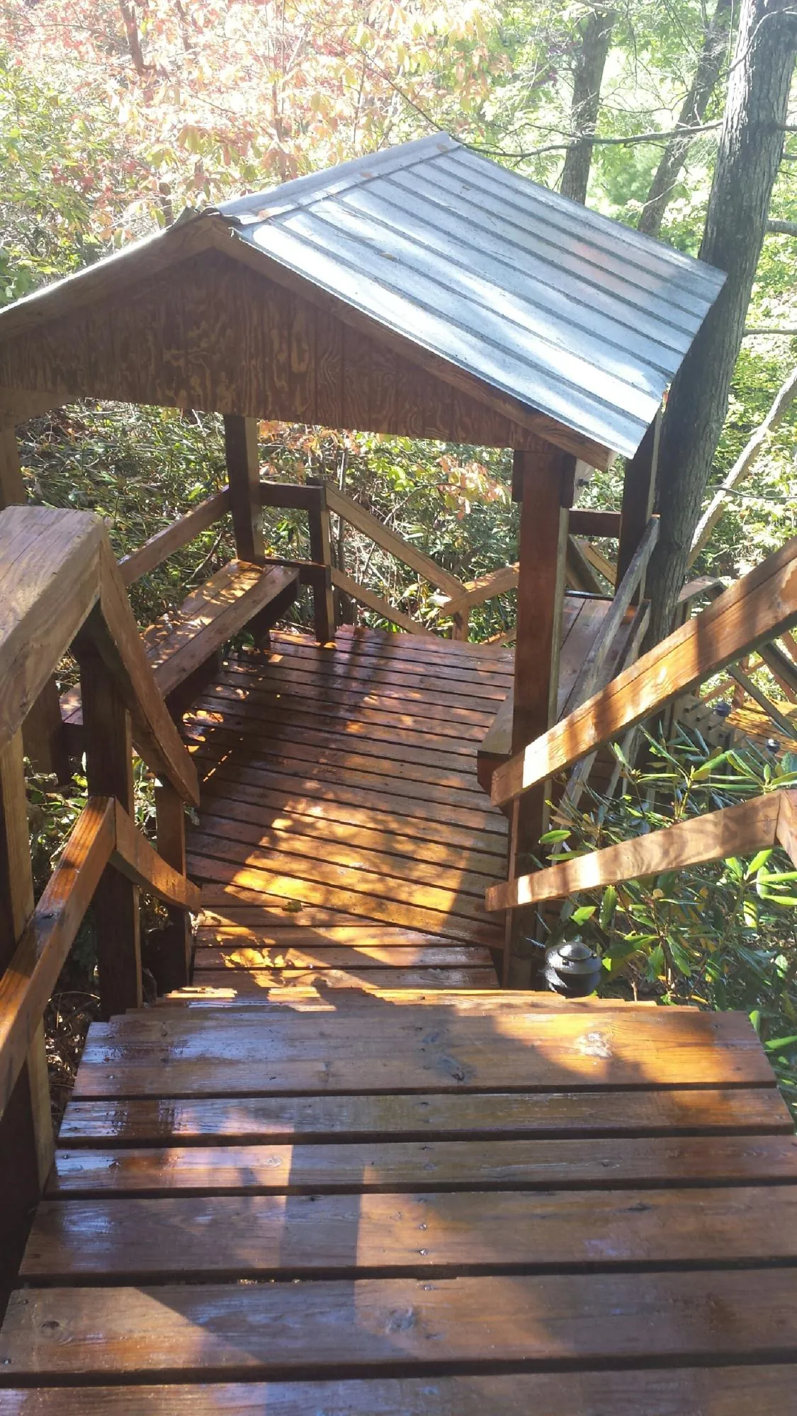 Freshly stained wood walkway and covered shelter with a metal roof in Decatur